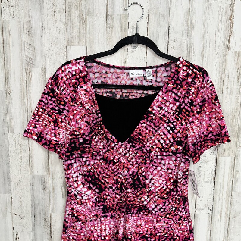 L Pink/black Print V Neck