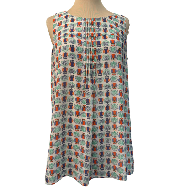 Eshakti Custom Owl Print Top<br />
Cute Button Back Detail<br />
Pleated Front<br />
Sleeveless<br />
Fully Lined<br />
Cream, Orange, Green, Navy, Blue, and Peach<br />
Size: Large