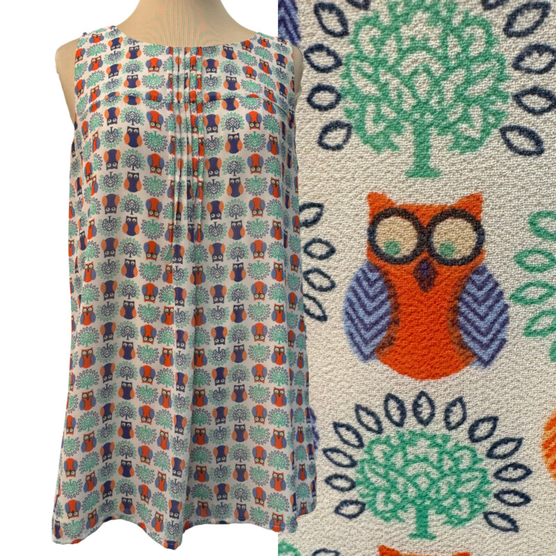 Eshakti Custom Owl Print Top
Cute Button Back Detail
Pleated Front
Sleeveless
Fully Lined
Cream, Orange, Green, Navy, Blue, and Peach
Size: Large