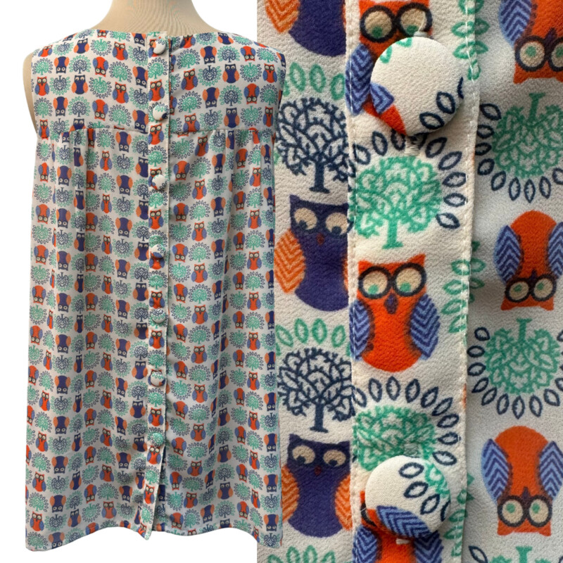 Eshakti Custom Owl Print Top<br />
Cute Button Back Detail<br />
Pleated Front<br />
Sleeveless<br />
Fully Lined<br />
Cream, Orange, Green, Navy, Blue, and Peach<br />
Size: Large