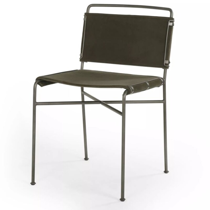 Four Hands Wharton Desk/Dining Chair
Green Silver Size: 20 x 24 x 33H
Retails: $499+

Handcrafted dining chair.
Vegan leather, made of polyurethane and polyester, seat and back.
Welded iron frame.
20W x 24D x 33T with 19T seat.
Imported.
Actual weight, approximately 22 lbs.