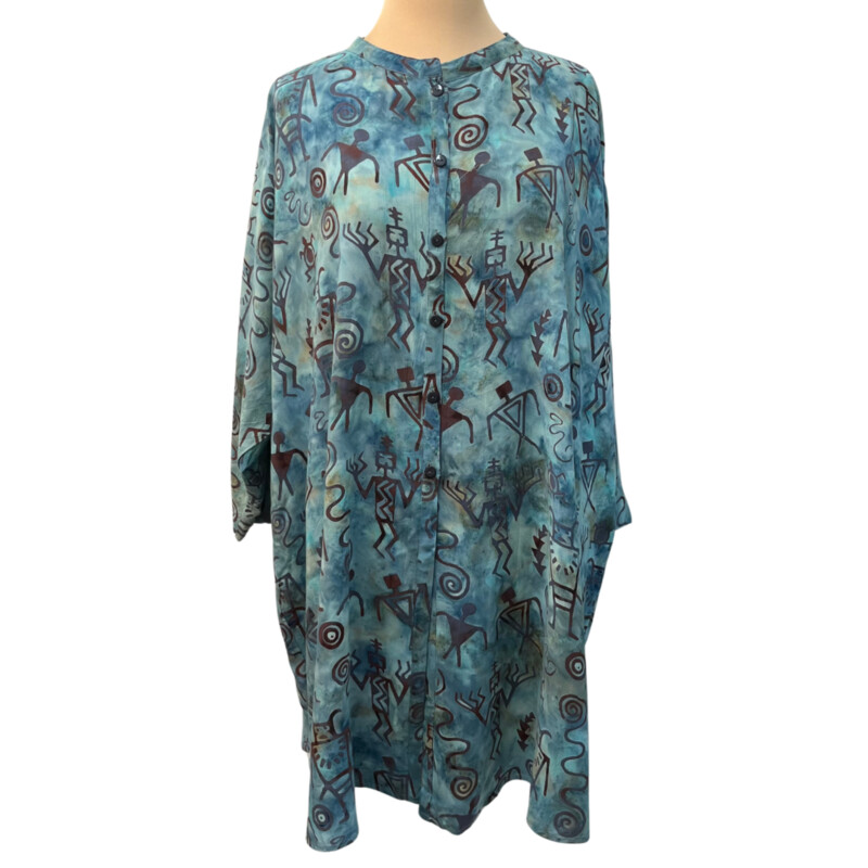 Betty Lous Tunic Top<br />
Batik Hieroglyph Print<br />
Roll-Tab Sleeve<br />
Hi-Lo<br />
Color: Blues, Teal, Aqua, Brown, and Ocean<br />
Size: L/XL<br />
100% Rayon