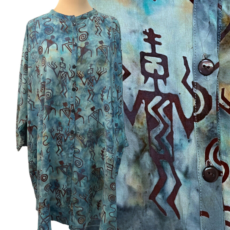 Betty Lous Tunic Top
Batik Hieroglyph Print
Roll-Tab Sleeve
Hi-Lo
Color: Blues, Teal, Aqua, Brown, and Ocean
Size: L/XL
100% Rayon