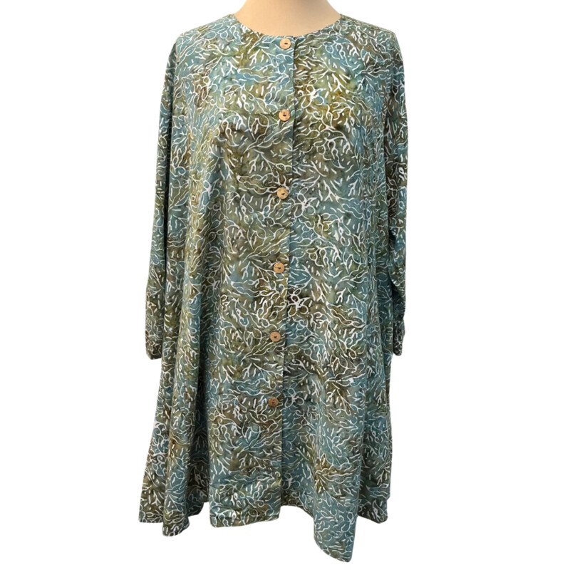 Betty Lous Longsleeve Dress<br />
Batik Leaf Print<br />
Color: Teal, Olive, Sage, and White<br />
Size: One Size<br />
100% Rayon