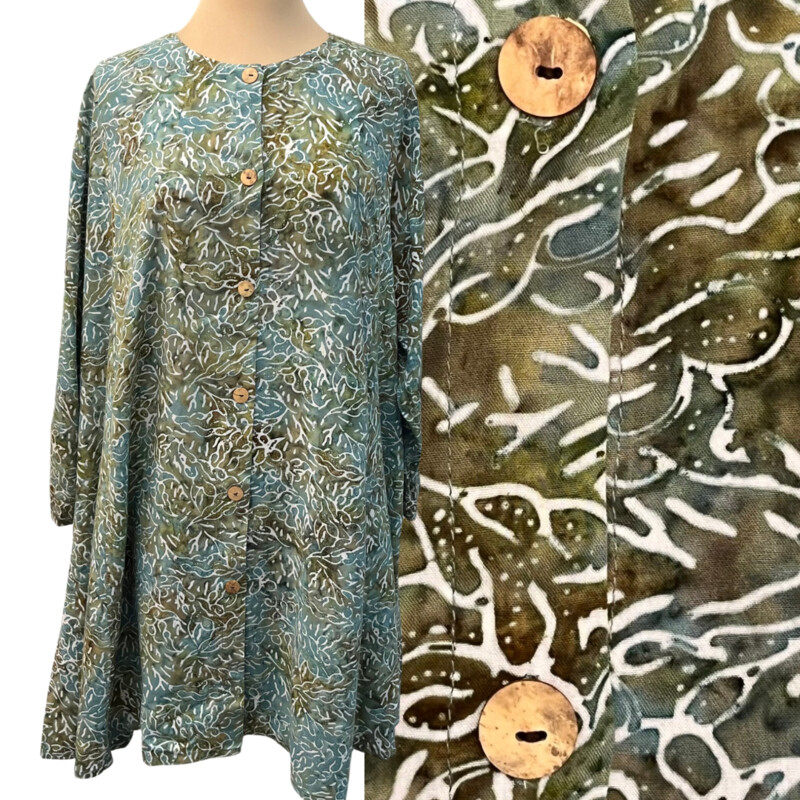 Betty Lous Longsleeve Dress
Batik Leaf Print
Color: Teal, Olive, Sage, and White
Size: One Size
100% Rayon