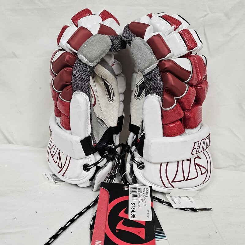 Warrior MD4 Mac Daddy 4 Mens Lacrosse Gloves
Size: 12in
Red & White
Features Chillwave Technology- Keeps you cool when it gets hot.  The fabric works with your sweat to create a cooling sensation and wicks away moisture to keep you light and dry! Chillwave also reflects UV rays to help regulate your temperature.
New with Tags
MSRP $159.99