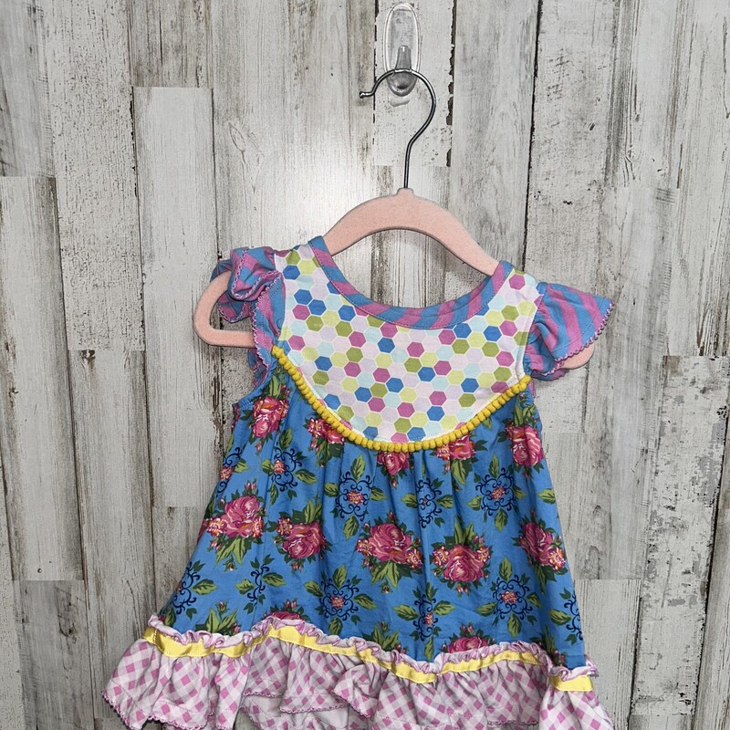 2T Blue Floral Plaid Ruff, Blue, Size: Girl 2T