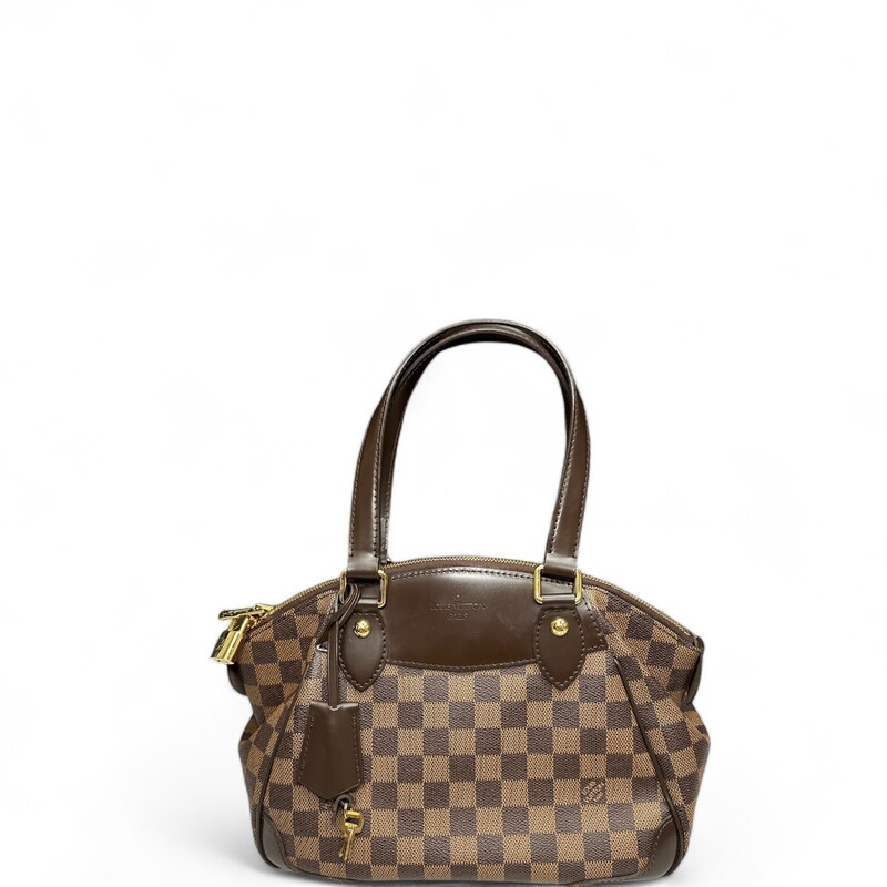 LOUIS VUITTON Damier Ebene Verona .

Louis Vuitton's signature Damier check canvas in brown. This bag features dark chocolate brown leather top handles with matching trim and polished gold hardware. The top zipper opens to a scarlet red microfiber interior with patch pockets.

Date Code: DU0150

Dimensions:
Base length: 10.75 in
Height: 8.25 in
Width: 6.00 in
Drop: 6.75 in

Comes With Key and Lock
Condition: Great shape, Some corner love shown in photos.