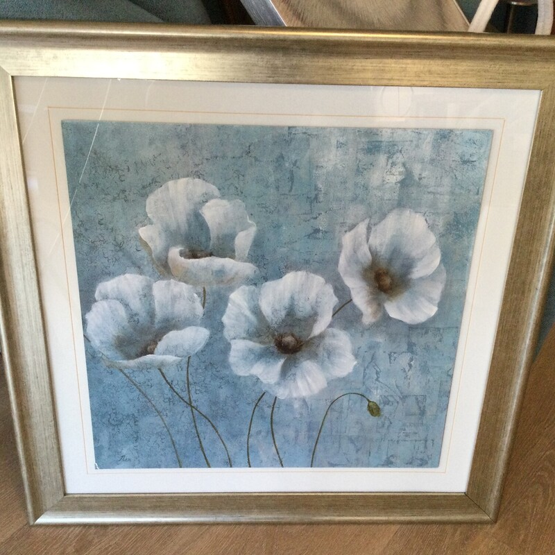 Framed White Poppies, Antique gold frame/Blue/White print, Size: 28X28