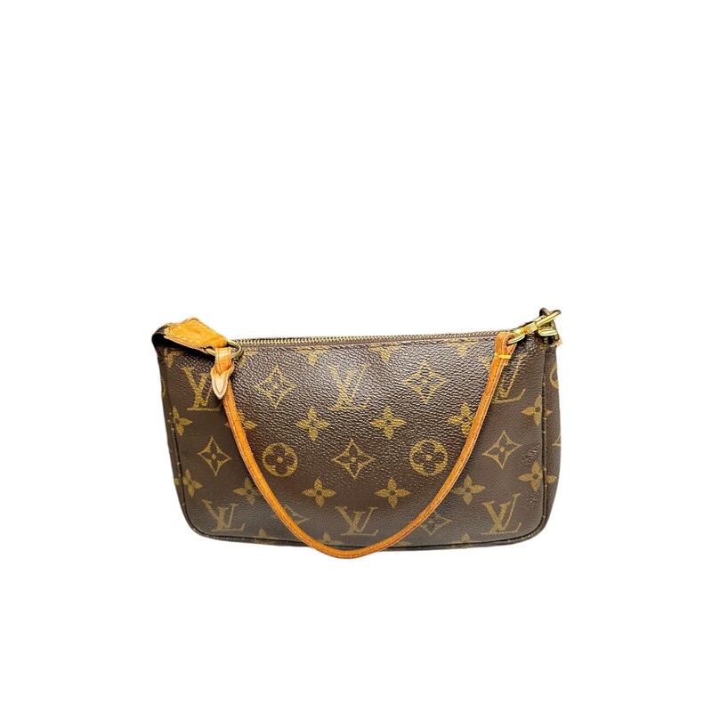 Louis Vuitton Pochette, Monogram, Size: OS

Date Code: CA1000

Dimensions:
8.5W x 5H x 1.5D
6 handle drop