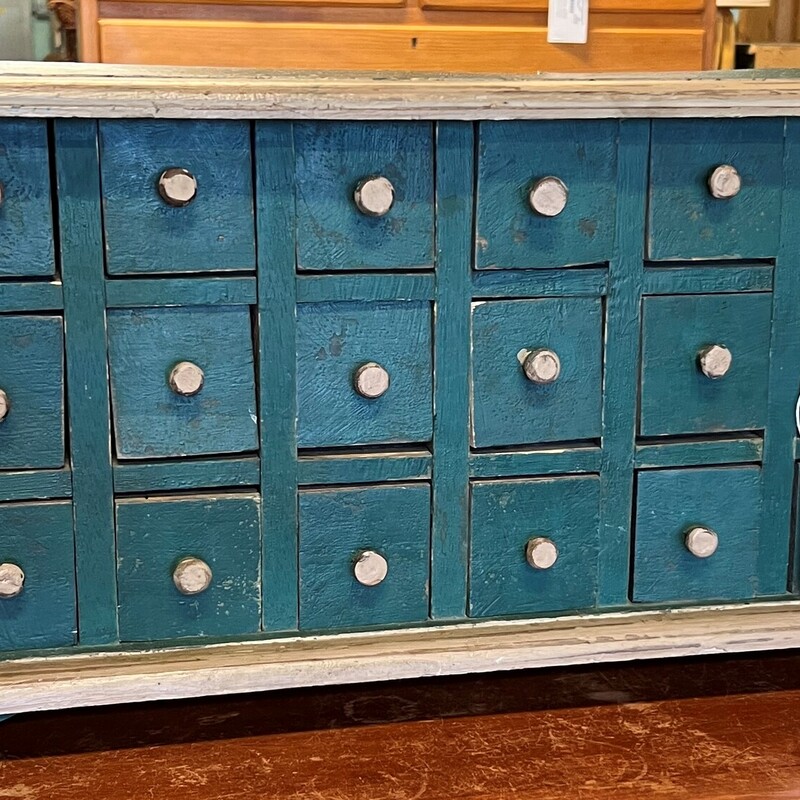 Antique Apothecary Chest, Green, 15 Drawer
26in wide x 12in deep x 14in tall