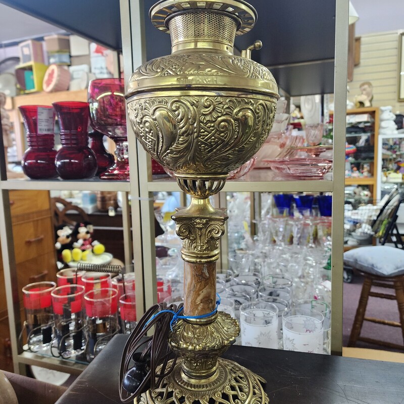 Electrified Oil Lamp, Brass, Size: 18 in tall  No Shade