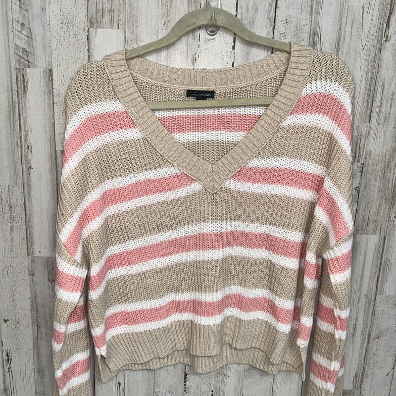 L Tan/Pink Stripe Sweater, Tan, Size: Ladies L