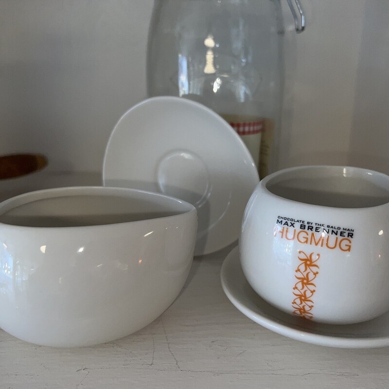 Max Brenner Hug Mug, Hot Chocolate Mug & Saucer X 2,
Size: 3.5 X 5 In
Cream/Orange/Black