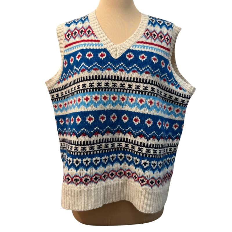 Frances Valentine Knit Sweater Vest<br />
100% Lambswool<br />
Cream, Blue, Navy, Red, and Sky Blue<br />
Size: XLarge