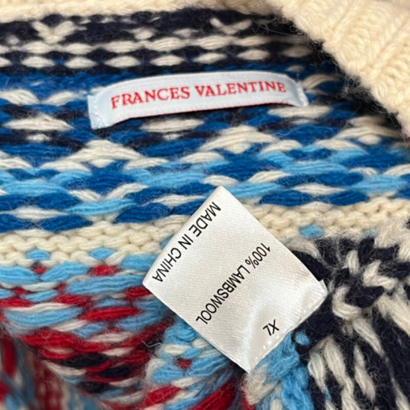 Frances Valentine Knit Sweater Vest<br />
100% Lambswool<br />
Cream, Blue, Navy, Red, and Sky Blue<br />
Size: XLarge