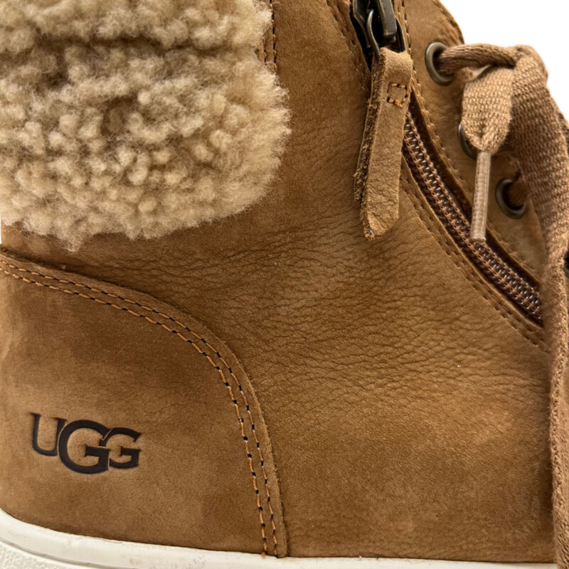 Ugg Briena Hightops<br />
Suede Upper with Sherpa Cuff<br />
Side Zipper Detailing with Laces<br />
Soft Pebbled Leather with Metal Eyelets<br />
Embossed UGG Logo<br />
Color: Chestnut<br />
Size: 12