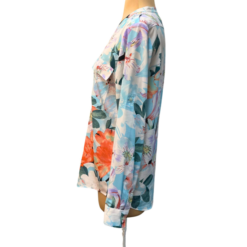 Calvin Klein Floral Blouse<br />
Roll-Tab Sleeves<br />
Color: Aqua, Lilac, Mint, Yellow, Green, Orange<br />
Size: Small