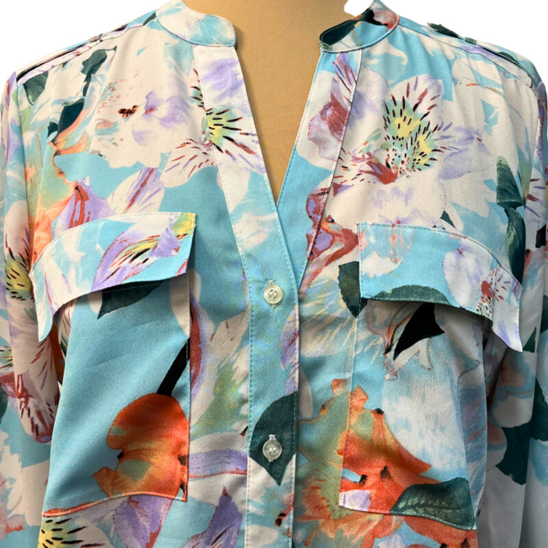 Calvin Klein Floral Blouse<br />
Roll-Tab Sleeves<br />
Color: Aqua, Lilac, Mint, Yellow, Green, Orange<br />
Size: Small