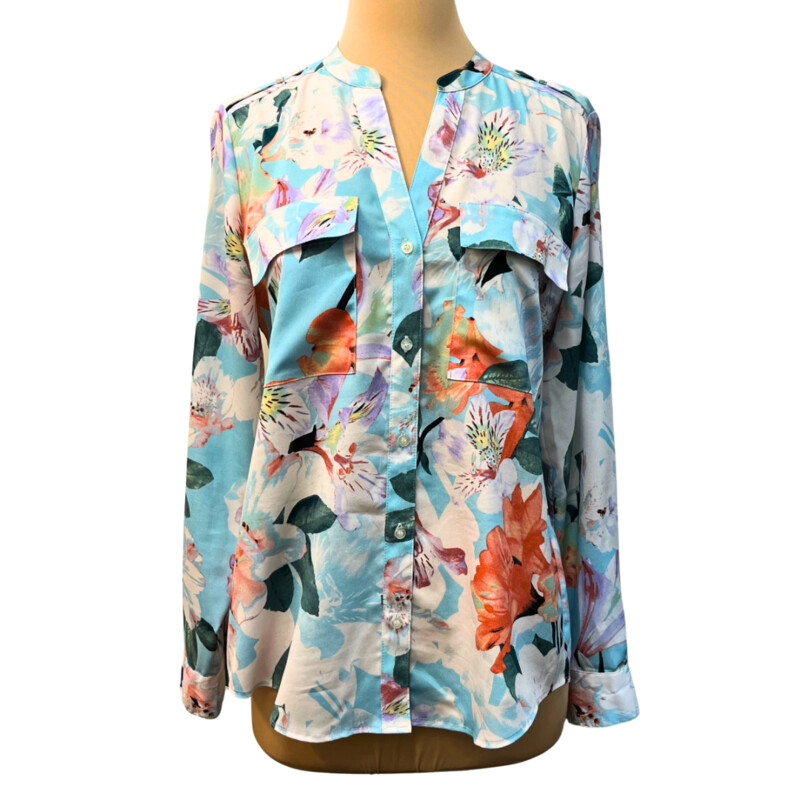 Calvin Klein Floral Blouse<br />
Roll-Tab Sleeves<br />
Color: Aqua, Lilac, Mint, Yellow, Green, Orange<br />
Size: Small