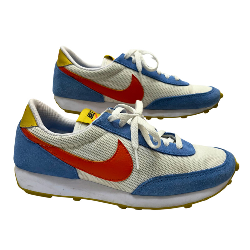 Nike Daybreak University Sneakers<br />
The sneaker makes use of a white mesh upper with powder blue suede overlays along the forefoot, heel and eyestay. A bright orange leather Swoosh cuts across the midfoot, while contrasting pops of yellow land on the leather heel tab and woven tongue tag. Underfoot, the matching yellow rubber outsole features Nike’s iconic waffle traction pattern for optimal grip.<br />
Color: Blue, Orange, Yellow, White<br />
Size: 8<br />
Insoles: SuperFeet