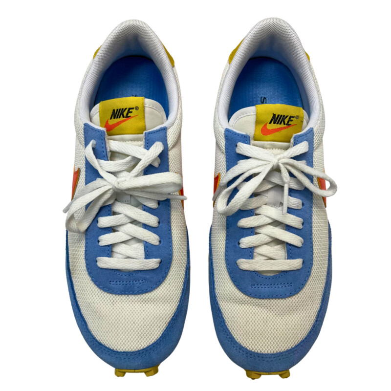 Nike Daybreak University Sneakers<br />
The sneaker makes use of a white mesh upper with powder blue suede overlays along the forefoot, heel and eyestay. A bright orange leather Swoosh cuts across the midfoot, while contrasting pops of yellow land on the leather heel tab and woven tongue tag. Underfoot, the matching yellow rubber outsole features Nike’s iconic waffle traction pattern for optimal grip.<br />
Color: Blue, Orange, Yellow, White<br />
Size: 8<br />
Insoles: SuperFeet