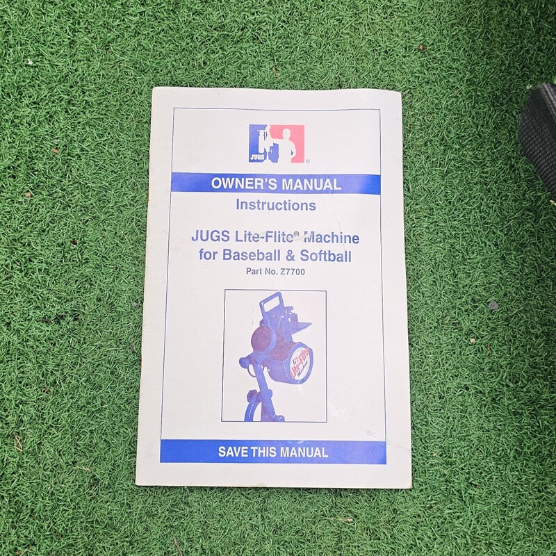 Jugs Lite-Flite M6000 Pitching Machine<br />
Comes with travel case, Owners manual, and 8 pitching machine soft foam softballs.<br />
JUGS Lite-Flite® Machine throws: Left-Handed Curves, Left-Handed Sliders, Fastballs, Right-Handed Sliders and Right Handed Curves for both baseball and softball.<br />
Switch-and-Play Knobs offer ability to change ball sleeve for baseballs, *Baseball ball sleeve not included<br />
Break down and bring to the field! Machine in carry case measures 25in x 10in x 10in and weighs only 17lbs.<br />
Pre-owned, some paint chipping but still in great usable shape!