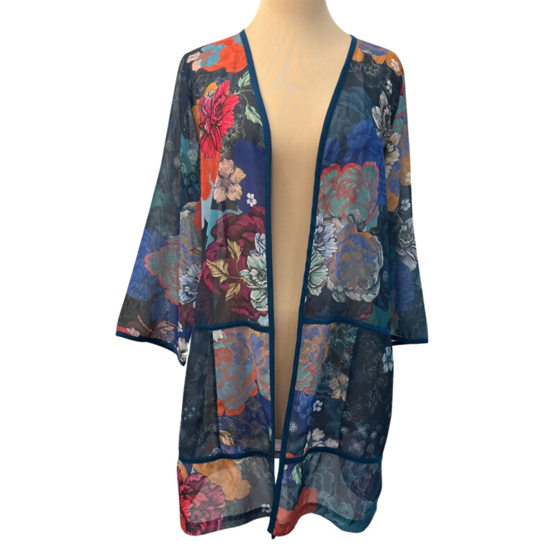 Soft Surroundings Renature Sheer Floral Duster<br />
Color: Dark Teal with a Rainbow of Floral Colors<br />
Size: Medium