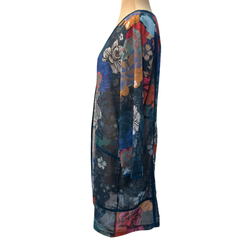 Soft Surroundings Renature Sheer Floral Duster<br />
Color: Dark Teal with a Rainbow of Floral Colors<br />
Size: Medium