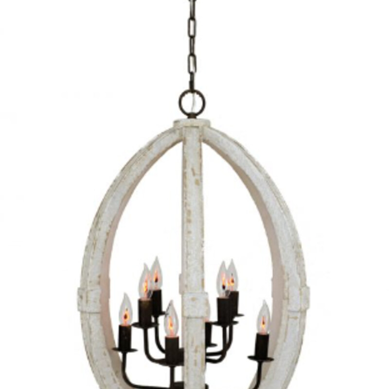 Wood Orb Chandelier
Distressed Cream Wood with Brown Metal Accent
Size: 22x48H
Adjustable Height
Retail $400
NEW