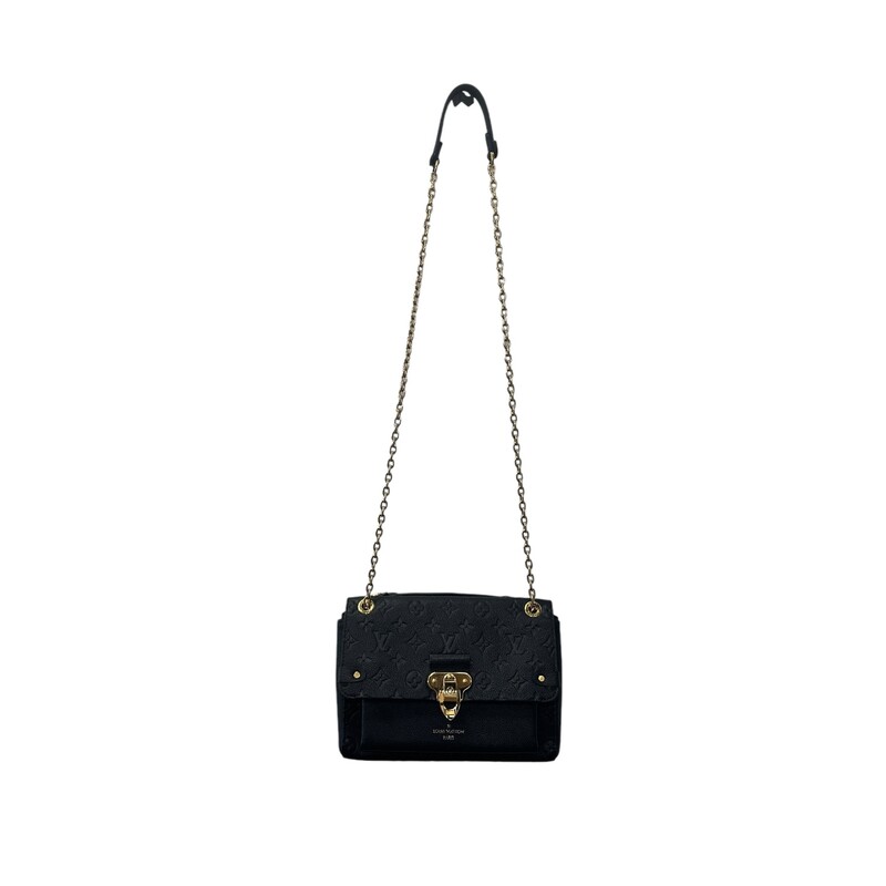 Louis Vuitton Vavin PM Emperiente Black<br />
<br />
Embossed supple grained cowhide leather and supple grained cowhide leather<br />
Supple grained cowhide leather trim<br />
Microfiber lining<br />
Gold-color hardware<br />
Metal signature lock<br />
<br />
Date Code: Chipped. Entrupy Certificate will be provided.<br />
<br />
Dimensions:<br />
10W x 7H x 3D<br />
<br />
Note: Scratching on hardwear.