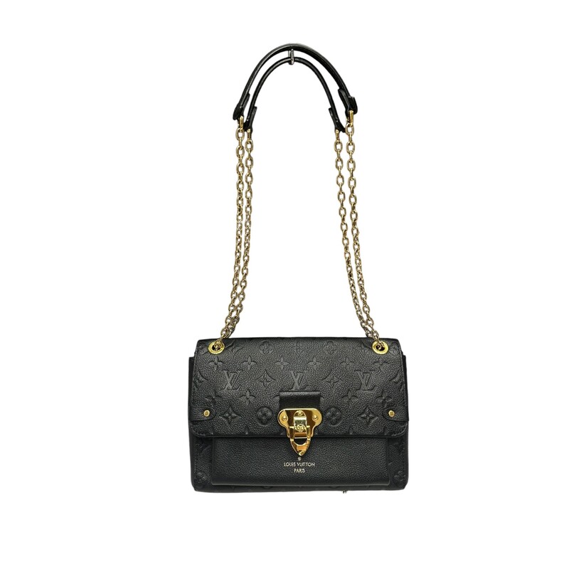 Louis Vuitton Vavin PM Emperiente Black<br />
<br />
Embossed supple grained cowhide leather and supple grained cowhide leather<br />
Supple grained cowhide leather trim<br />
Microfiber lining<br />
Gold-color hardware<br />
Metal signature lock<br />
<br />
Date Code: Chipped. Entrupy Certificate will be provided.<br />
<br />
Dimensions:<br />
10W x 7H x 3D<br />
<br />
Note: Scratching on hardwear.