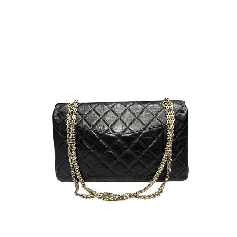 CHANEL Aged Calfskin Quilted 2.55 Reissue 227 Flap in Black. This stylish classic flap shoulder bag is crafted of diamond-quilted textured aged calfskin leather in black. The handbag features a ruthenium reissue chain shoulder strap, a ruthenium Mademoiselle turn lock, and rear patch pocket. This bag also features an inner flap that reveals a burgundy leather interior with patch pockets.<br />
Dimensions:12x7H<br />
Code: 12448587