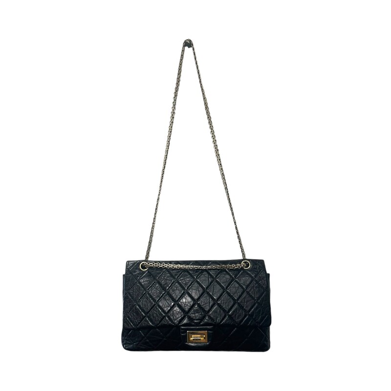 CHANEL Aged Calfskin Quilted 2.55 Reissue 227 Flap in Black. This stylish classic flap shoulder bag is crafted of diamond-quilted textured aged calfskin leather in black. The handbag features a ruthenium reissue chain shoulder strap, a ruthenium Mademoiselle turn lock, and rear patch pocket. This bag also features an inner flap that reveals a burgundy leather interior with patch pockets.<br />
Dimensions:12x7H<br />
Code: 12448587