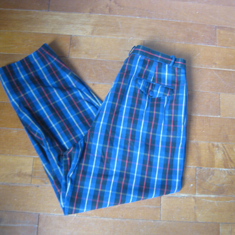 Vtg Cambridge Plaid, Blue, Size: 12<br />
1980s Preppy Plaid trousers in a red, navy, black and yellow by Cambridge Dry Goods.<br />
These are nice medium weight, very soft cotton unlined tapered pants.<br />
They have side pockets, belt loops.  One fake buttoned pocket in the front and one working buttoned pocket at the back.<br />
They're marked size 12, please use the measurments below though, they won't fit a modern size 12 probably<br />
Highwaisted , Tapered legs<br />
These are in great shape, no flaws, but they've been worn and washed a few times<br />
<br />
made in Taiwan<br />
Marked size 12, may fit smaller, please see measurements below:<br />
<br />
flat measurements:<br />
waist: 14.75<br />
hip: 25<br />
rise: 14.25<br />
inseam: 27.5<br />
Side seam: 41<br />
<br />
thanks for looking!<br />
#78027