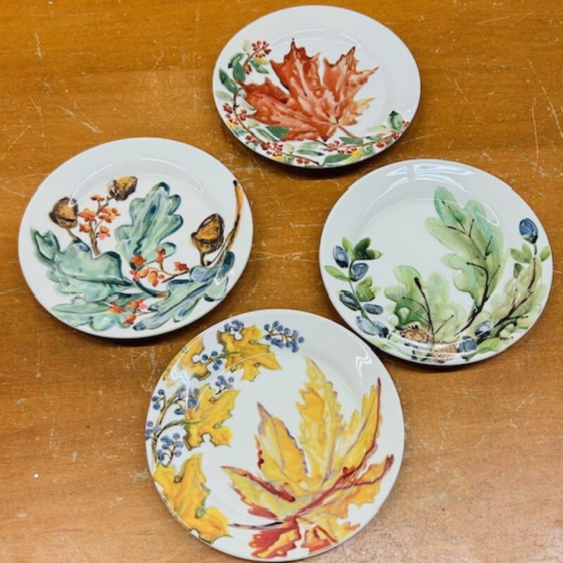 Pottery Barn Watercolor Leaves Appetizer Plates
Set of 4
Cream Green Orange Red Brown
Size: 8 x 8