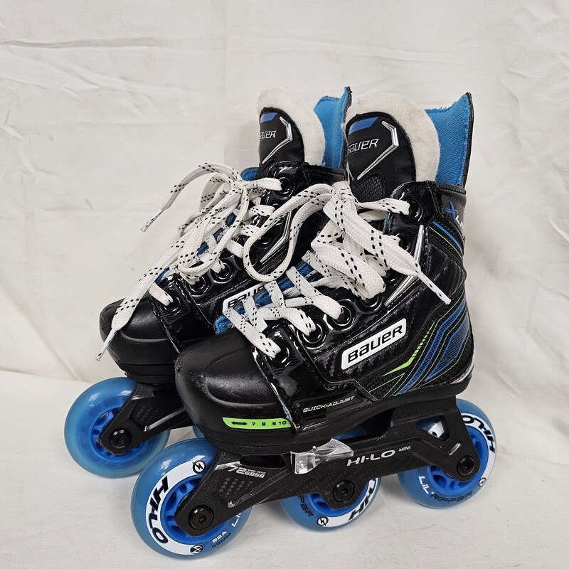 Bauer XLP Adjustable Roller Hockey Skates<br />
Youth<br />
Sizes: Y7-Y10<br />
Comes with 2 sets of inserts: Y7-Y8 & Y9-Y10<br />
Quick Adjust<br />
Pre-owned, some scratches on toes, barely any wear on the wheels