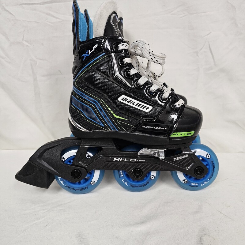 Bauer XLP Adjustable Roller Hockey Skates<br />
Youth<br />
Sizes: Y7-Y10<br />
Comes with 2 sets of inserts: Y7-Y8 & Y9-Y10<br />
Quick Adjust<br />
Pre-owned, some scratches on toes, barely any wear on the wheels