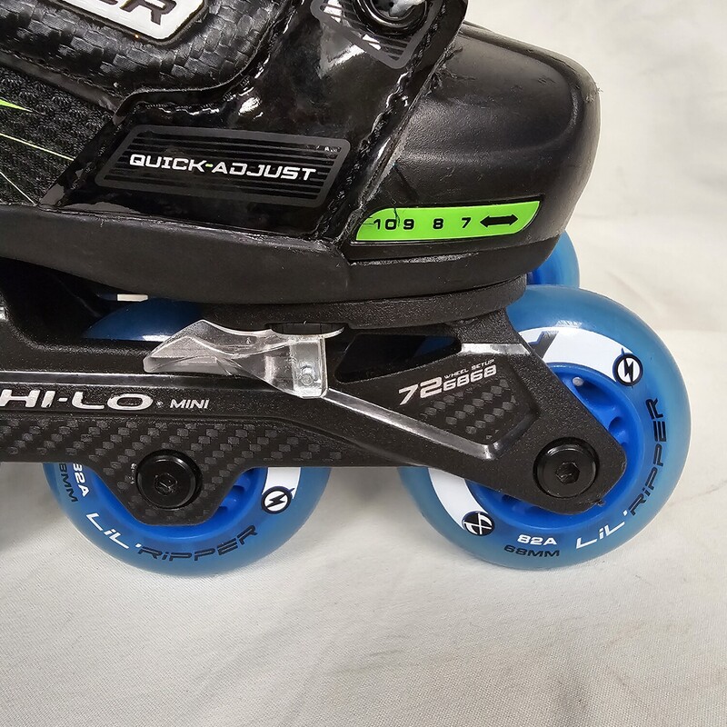 Bauer XLP Adjustable Roller Hockey Skates<br />
Youth<br />
Sizes: Y7-Y10<br />
Comes with 2 sets of inserts: Y7-Y8 & Y9-Y10<br />
Quick Adjust<br />
Pre-owned, some scratches on toes, barely any wear on the wheels