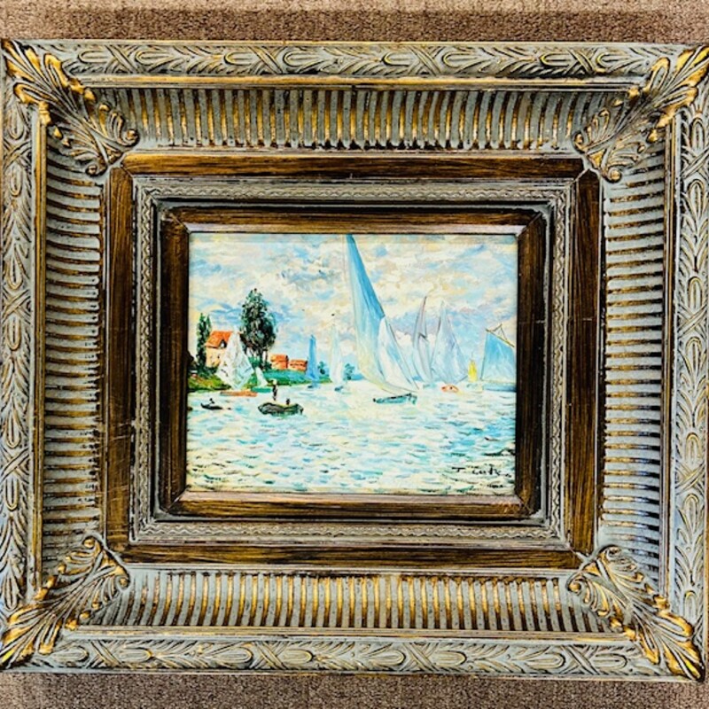 Boats Oil Painting in Ornate Thick Frame
Brown Blue White Size: 19 x 17H