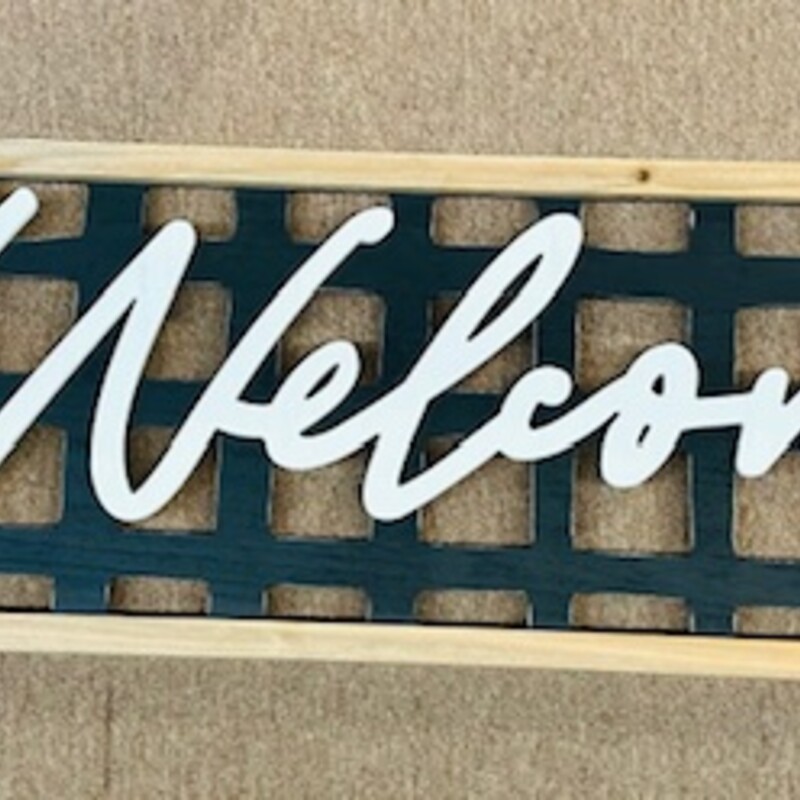 Wood Lattice Welcome Sign
Tan Black White
Size: 47 x 14H