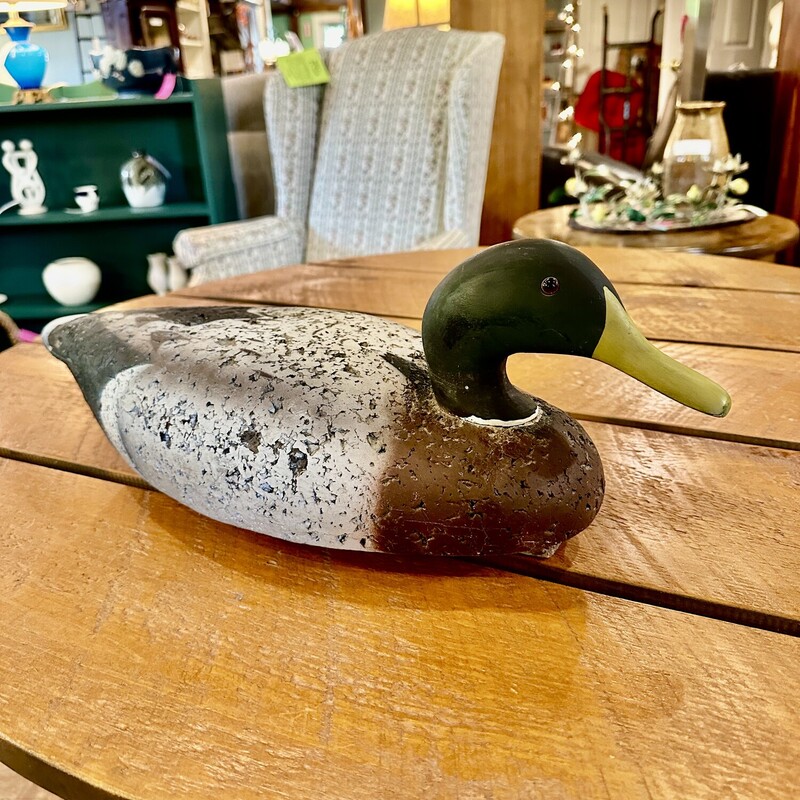 Mallard Duck Decoy/Glass Eyes
Size: 20in. long, 7in. tall
This beautiful intage cork mallard duck decoy is a true gem for any enthusiast.  Light and easy to carry for hunting! Great condition.