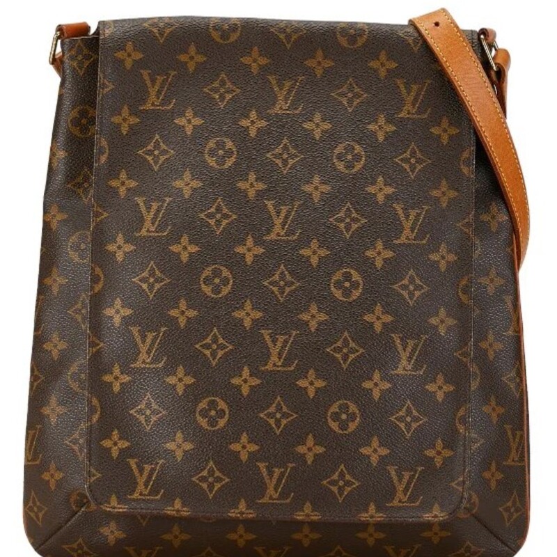 LVuitton Flap Sac Musette
Brown Monogram
Size: 12.5x14H
As Is-Small Tear at External Fold Only
Cannot Be Repaired
Authenticated- COA Included