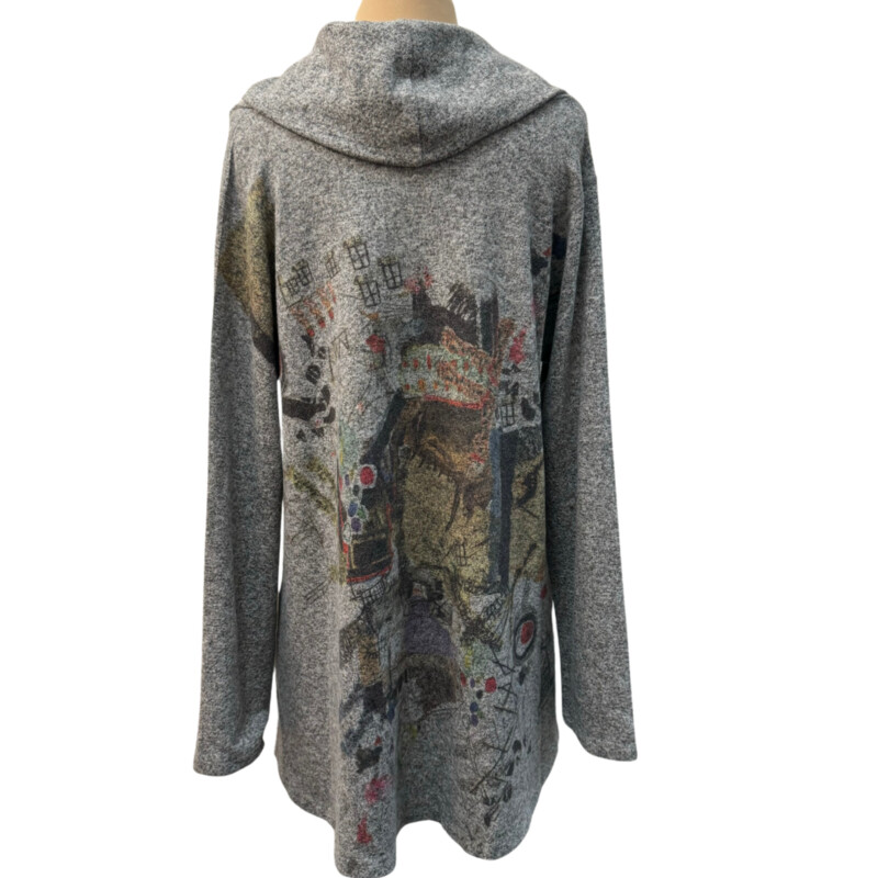 Inoah Cowl Swing Tunic<br />
Wearable Art<br />
Colors: Gray with a rainbow of colors!<br />
Size: Medium