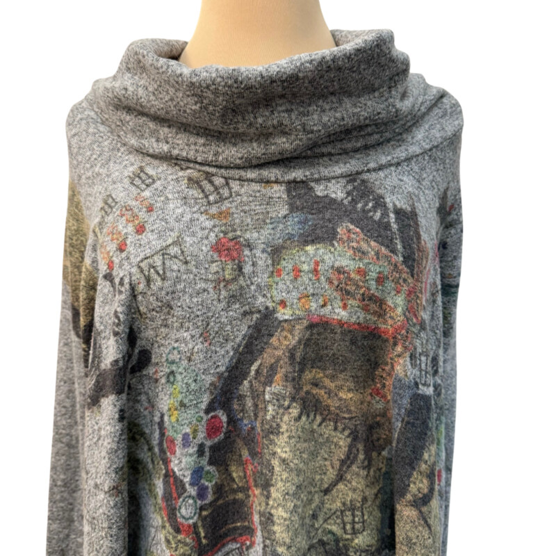 Inoah Cowl Swing Tunic<br />
Wearable Art<br />
Colors: Gray with a rainbow of colors!<br />
Size: Medium