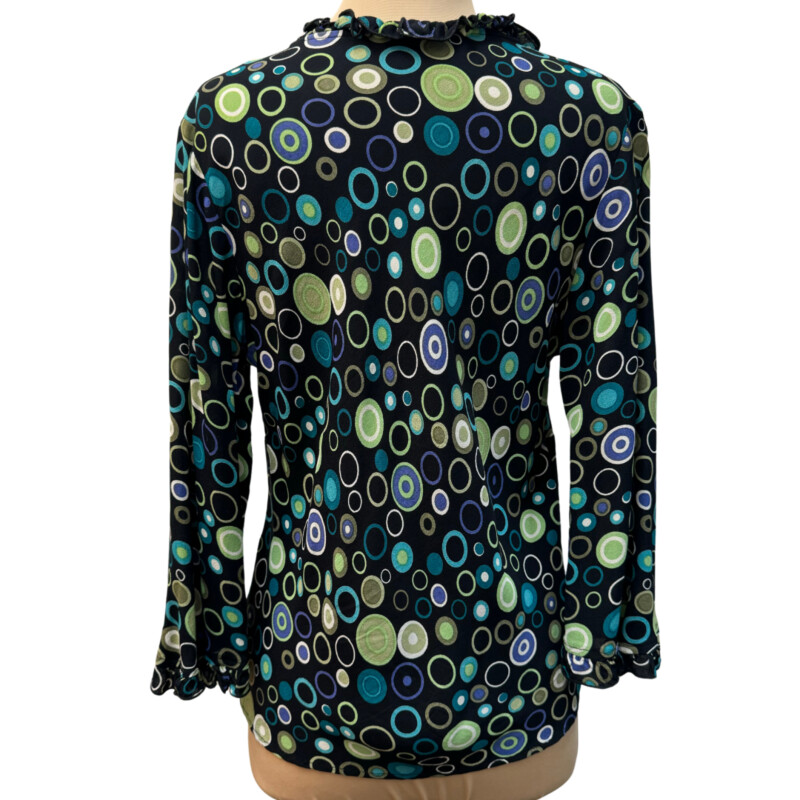 Loco Lindo Ruffled Blouse<br />
100% Rayon<br />
Ruffled neckline and sleeve hem<br />
Colors:Black with Lots of Colorful Dots<br />
Size: Medium