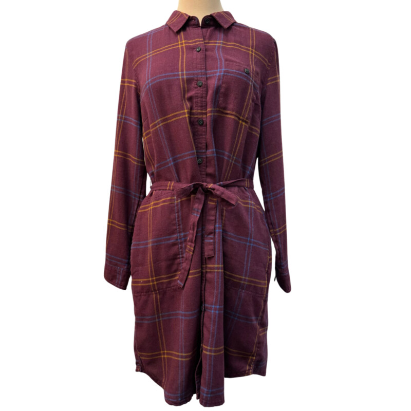 Toad&Co Plaid Shirt Dress<br />
With Belt<br />
Color: Merlot, Pumpkin, Blue<br />
Size: Medium<br />
60% Recycled Cotton 40% Recycled Polyester