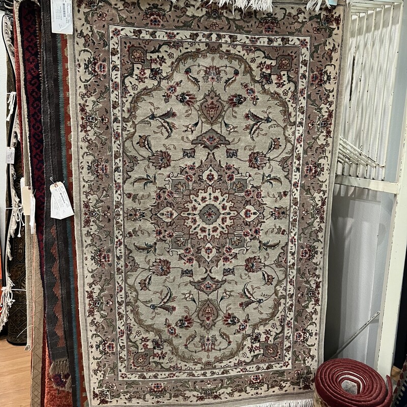 Persian Wool/Silk Tabriz, Cream, 3ft x 5ft