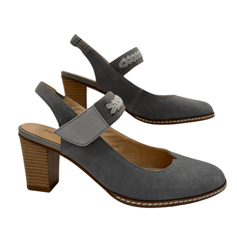 Sundance Eden Path Pumps<br />
Woven details across adjustable strap<br />
Almond toe<br />
Stacked block heel<br />
Approx 2in heel<br />
Suede leather upper<br />
Color: Blueish gray color with light gray accent<br />
Size: 8.5