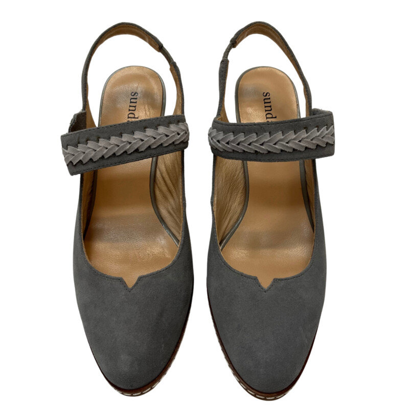 Sundance Eden Path Pumps
Woven details across adjustable strap
Almond toe
Stacked block heel
Approx 2in heel
Suede leather upper
Color: Blueish gray color with light gray accent
Size: 8.5